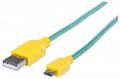 INTELLINET/Manhattan Braided Micro-USB Cable 1.8 m (6 ft.), Teal/Yellow, Part# 352703