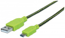 INTELLINET/Manhattan 394055 Braided Micro-USB Cable 1.8 m (6 ft.), Black/Green, part# 394055