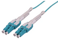 Intellinet 1 m LC to LC UPC Fiber Optic Patch Cable, Uniboot Pull-push tab, 2.0 mm, Duplex, OFNR, OM3 Multimode, Aqua, Part# 752534