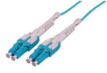 Intellinet 3 m LC to LC UPC Fiber Optic Patch Cable, Uniboot Pull-push tab, 2.0 mm, Duplex, OFNR, OM4 Multimode, Aqua, Part# 752589