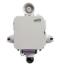 Speco Digital Deterrent box powered with AC 110-277V. Supports External battery charge/discharge, 2 DD Turrets x 1 PTZ, Cellular, Part# DD4A2TMZC