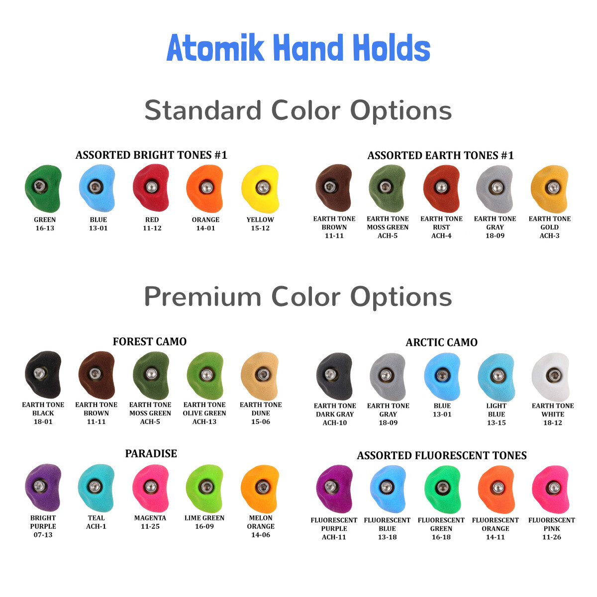 Atomik Climbing Holds - Screw-Ons - Colors