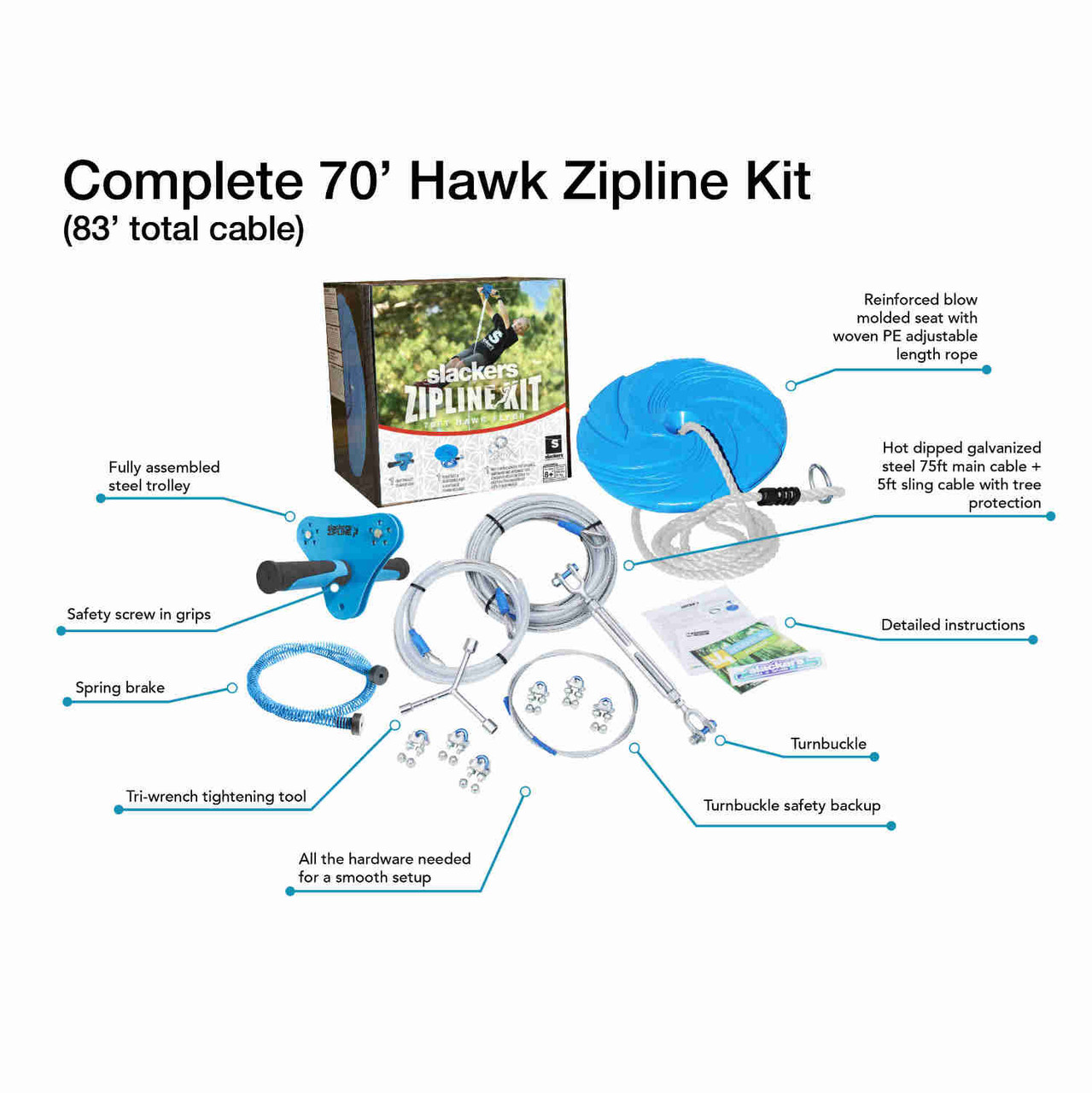Slackers 70 ft Hawk Zipline Kit with contents explained - SLA-513