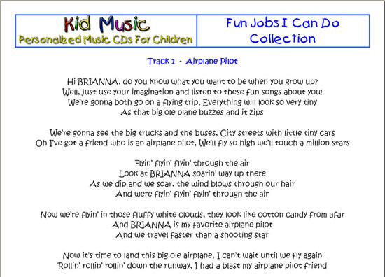 Soft Copy of Lyrics for Personalized Kid Music CD - Kid Music Personalized  Music u0026 Gifts
