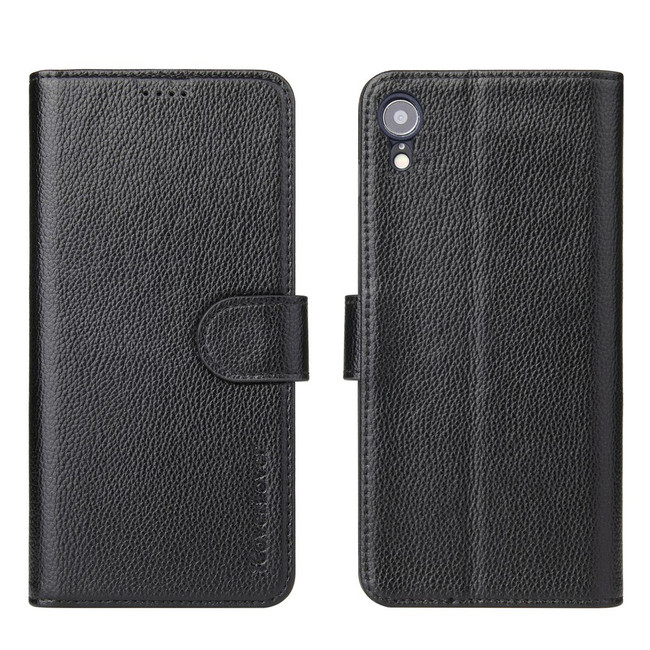 iPhone XR Case Black Real Top-grain Cow Leather Wallet Folio Case with 3 Card Slots, 1 Cash Compartment, Impact-proof, and Enhanced Grip | Genuine Leather iPhone XR Cases | Genuine Leather iPhone XR Covers