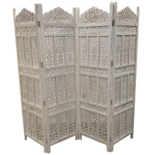 Aesthetically Carved 4-Panel Wooden Partition Screen/Room Divider, Antique White