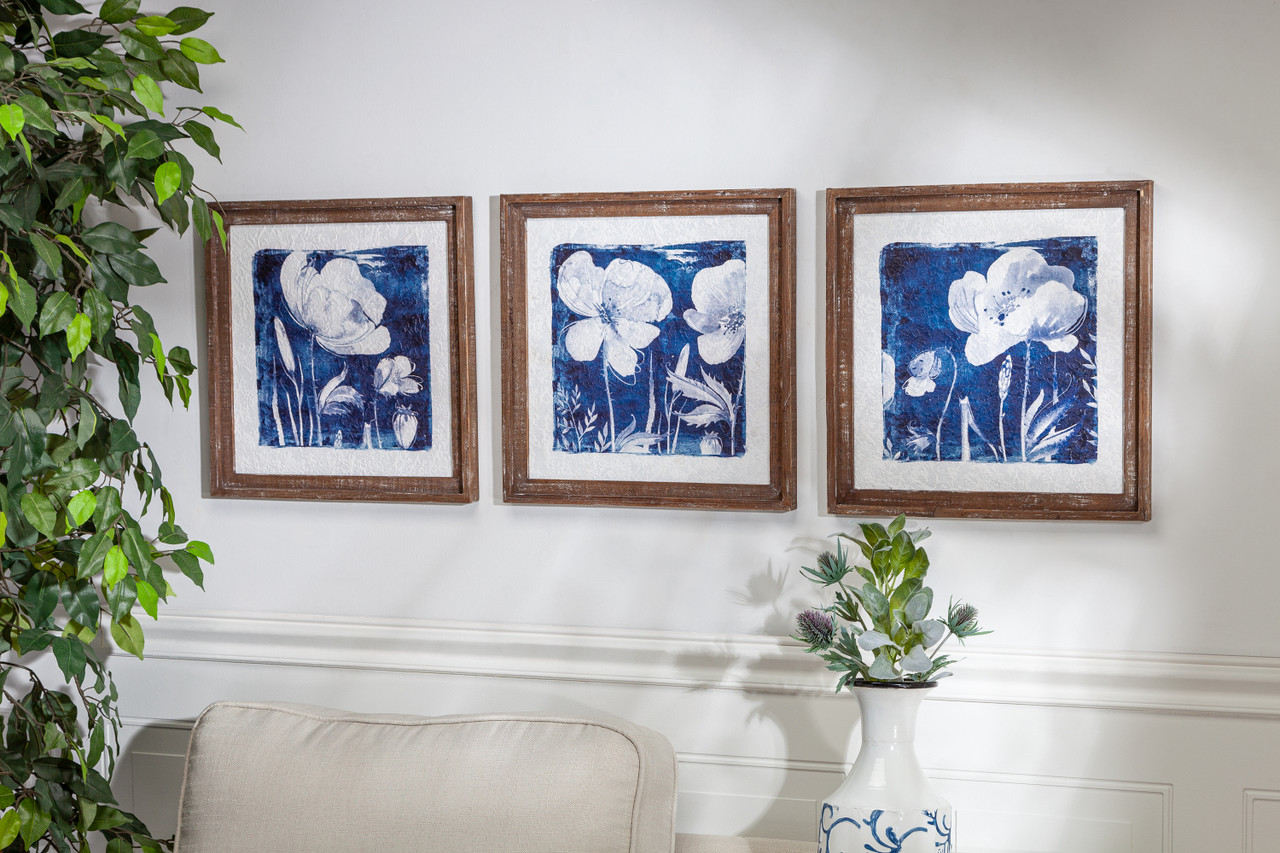 2 Sets Of 3 Blue Floral Textured Paper Wood Framed Wall Decor 6 Pieces Eventswholesale Com