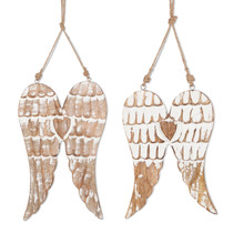 2 Sets of 2 Mango Wood Engraved Hanging Angel Wings - 4 Pieces