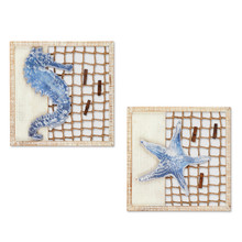 Set of 2 Wood and Rope Wall Decor with Wood Clothes Pins - Seahorse/Starfish Wall Decor