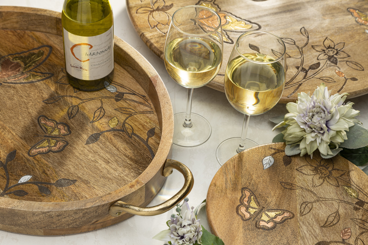 Butterfly Oval Tray with Handles, Mango Wood with Metal Inlay