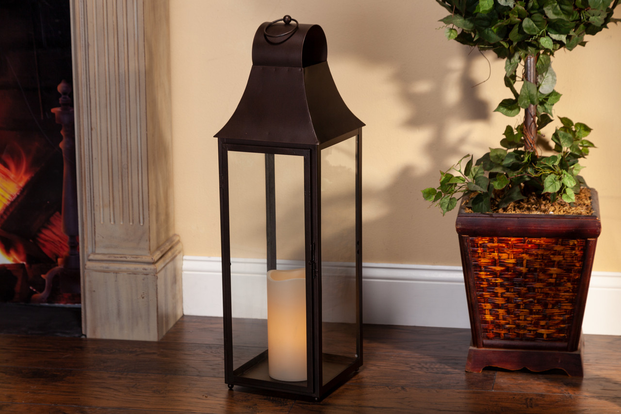 28"H Antique Bronze Metal Indoor/Outdoor Lantern with Glass Panes and