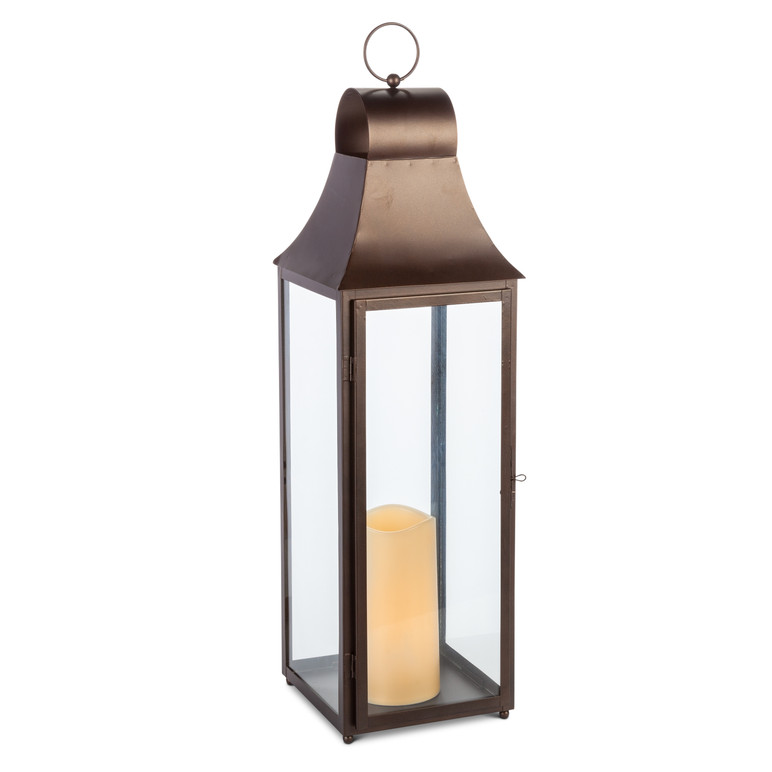 28H Antique Bronze Metal Indoor/Outdoor Lantern with Glass Panes and Timer  