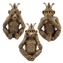 Set of Three No Speak, Hear Or See Monkeys W/ Crown, Gold
