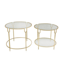 Set of Two Round Gold Accent Tables, Glass Top