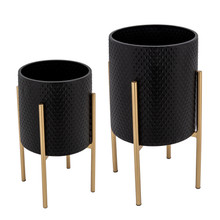 Set of Two Textured Planter On Metalstand, Black/Gld