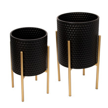 Set of Two Honeycomb Planter On Metalstand, Black/Gld