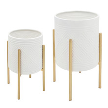 Set of Two Aztec Planter On Metal Stand, White/Gold