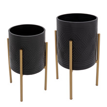 Set of Two Aztec Planter On Metal Stand, Black/Gold