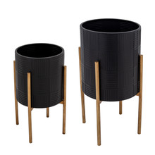 Set of Two Planter W/ Lines On Metal Stand, Black/Gold