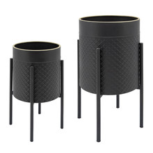 Set of Two Honeycomb Planter On Metal Stand, Blk/Gld