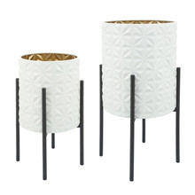 Set of Two Aztec Planter On Metal Stand, Wht/Gld/Blk