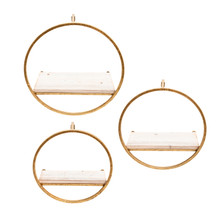Set of Three Metal & Wood Wall Shelves, Gold/White