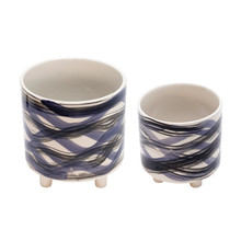 Set of Two Footed Planters 9/6", Abstract Blue