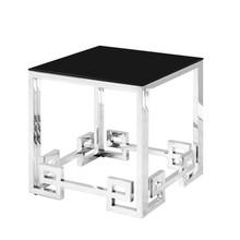 Stainless Steel End Table, Silver/Black Glass