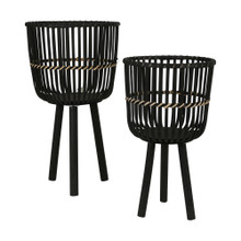 Set of Two Bamboo Footed Planters 28/22", Black