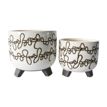 Set of Two Ceramic 6/8" Scribble Footed Planter, Beige