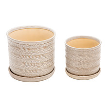 Set of Two 6/8" Tribal Planter W/ Saucer, Beige