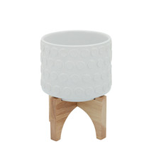 Ceramic 5" Planter On Wooden Stand, White