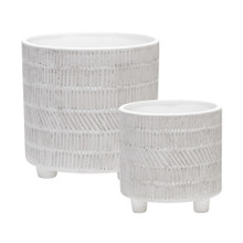Set of Two Tribal Look Footed Planter 6/8", Ivory