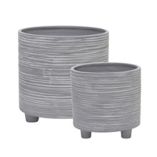 Set of Two Footed Planter W/ Lines 6/8", Beige