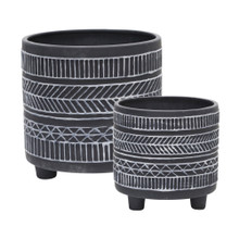 Set of Two Tribal Look Footed Planter 6/8", Black