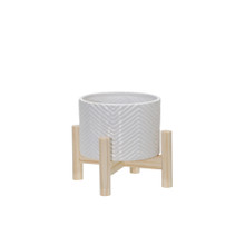 6" Ceramic Chevron Planter W/ Wood Stand, White