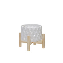 6" Ceramic Diamond Planter W/ Wood Stand, White
