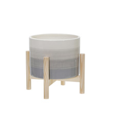 8" Ceramic Planter W/ Wood Stand, Beige Mix