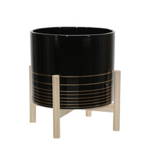 12" Ceramic Metallic Planter W/ Wood Stand, Black