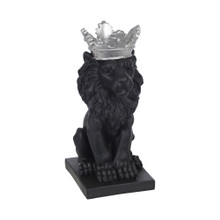 Polyresin 8" Lion W/ Crown Figurine, Black/Silver