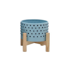 6" Dotted Planter W/ Wood Stand, Blue