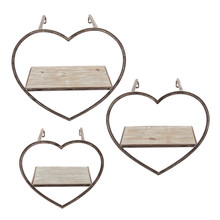 Set of Three Metal/Wood Heart Wall Shelves, Brown