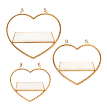 Set of Three Metal/Wood Heart Wall Shelves, Gold