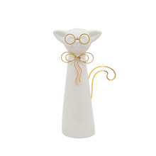 8"H Cat W/Glasses Deco, White