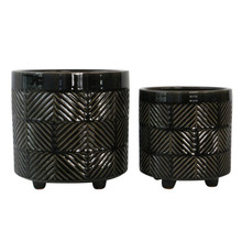 Set of Two 6/8" Textured Planters, Shiny Black