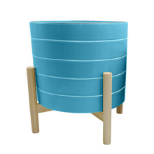 10" Striped Planter W/ Wood Stand, Skyblue