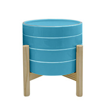 8" Striped Planter W/ Wood Stand, Skyblue