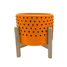 10" Dotted Planter W/ Wood Stand, Orange