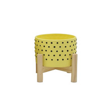 6" Dotted Planter W/ Wood Stand, Yellow