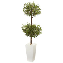 5.5 Feet Olive Artificial Double Topiary Tree in White Tower Planter